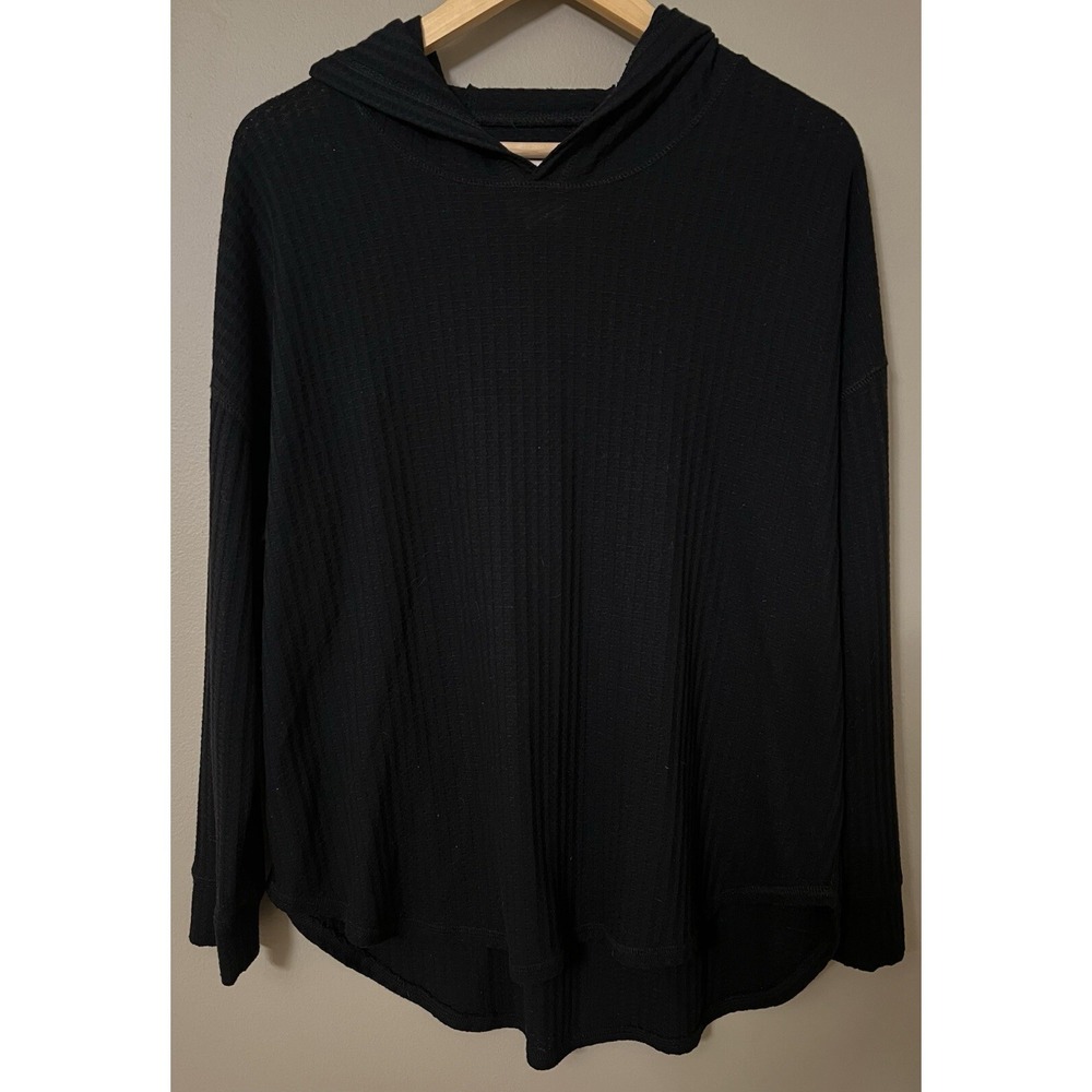 Chaser Hooded Waffle Knit Thermal Shirt Womens Pullover Black Lounge Top - Picture 2 of 11